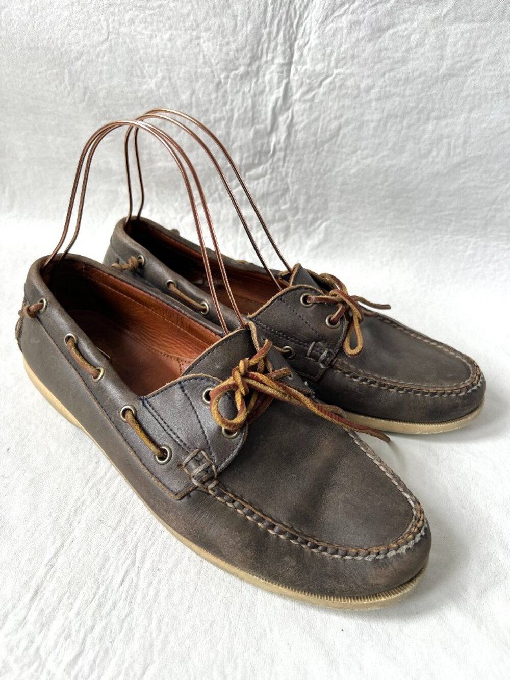 Ralph Lauren boat shoes taupe gray brown leather mens 11 D moc toe deck loafer
